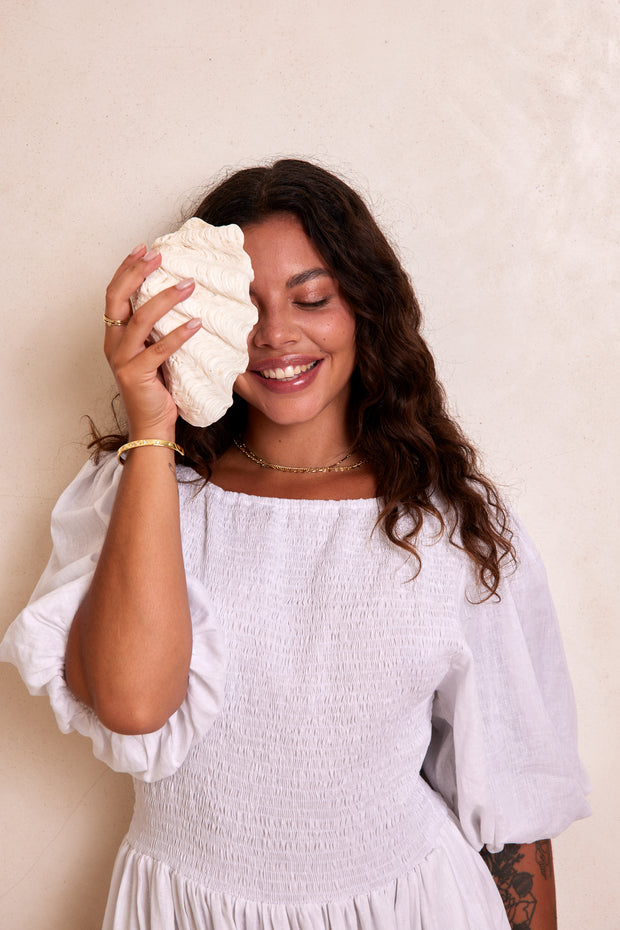 LINEN TIERED SHIRRED DRESS - WHITE