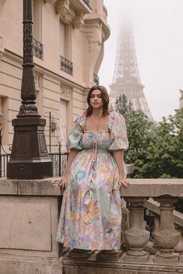 THE DREAMER SHIRRED MIDI DRESS - PASTEL