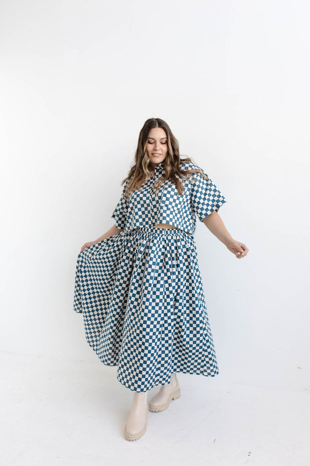 CHECKERS MIDI SKIRT - BLUE/CREAM