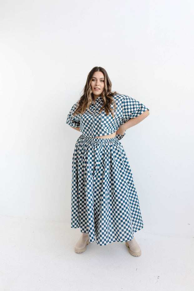 CHECKERS MIDI SKIRT - BLUE/CREAM
