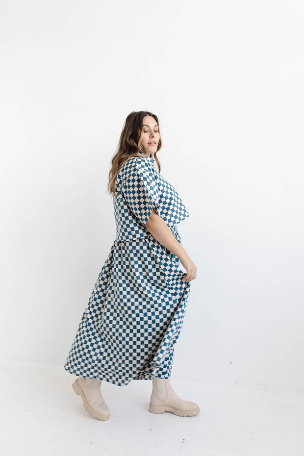 CHECKERS MIDI SKIRT - BLUE/CREAM