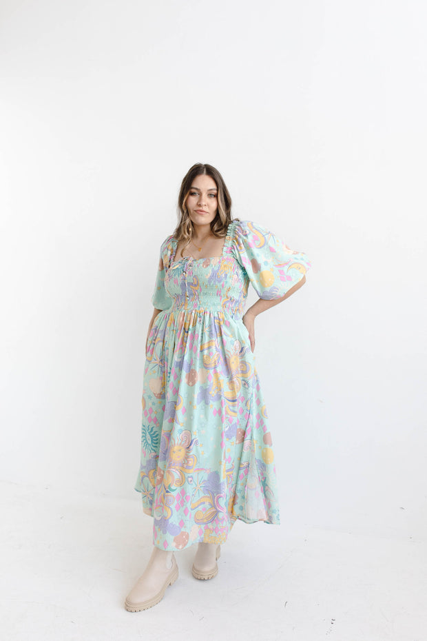 THE DREAMER SHIRRED MIDI DRESS - PASTEL