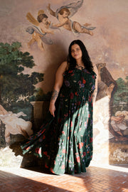 Midnight Botanica Strappy Gown - Emerald