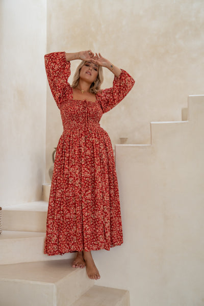 [PRE-ORDER] CHERRY FIELDS SHIRRED MIDI DRESS