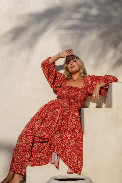 CHERRY FIELDS SHIRRED MIDI DRESS