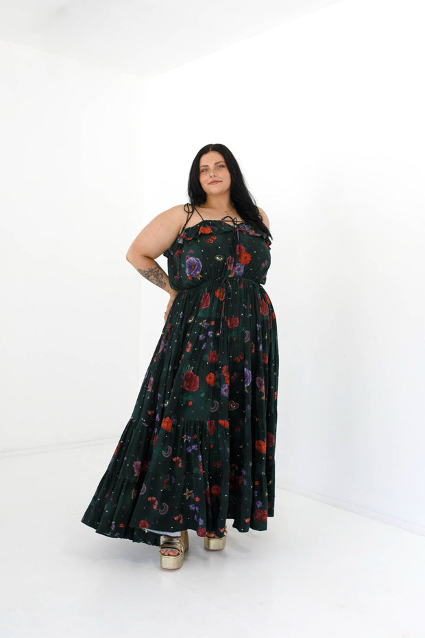 Midnight Botanica Strappy Gown - Emerald