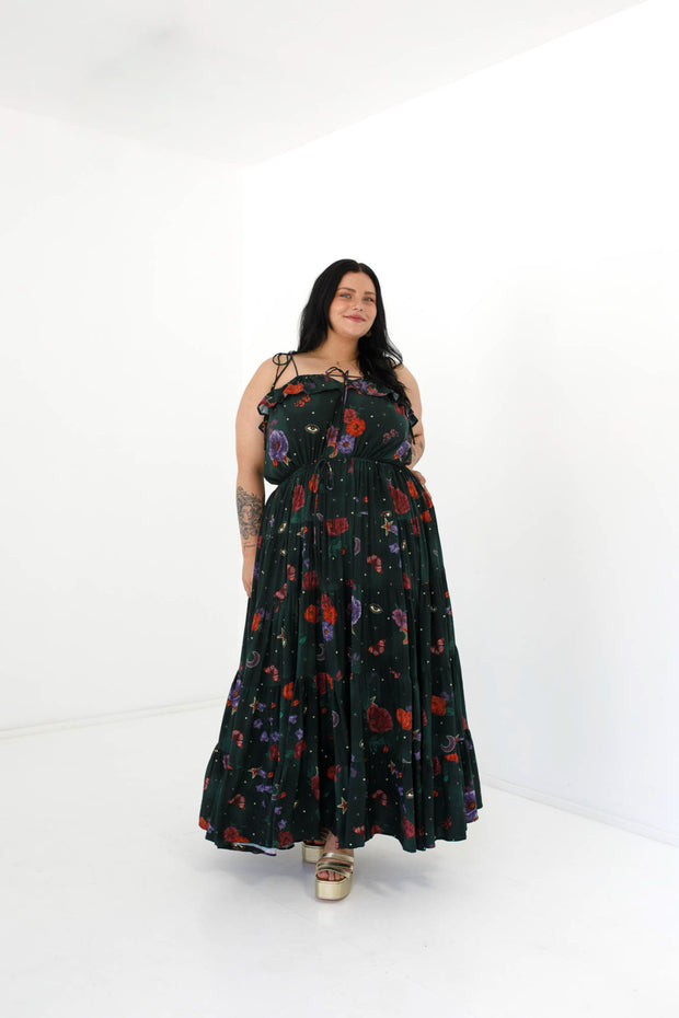 Midnight Botanica Strappy Gown - Emerald