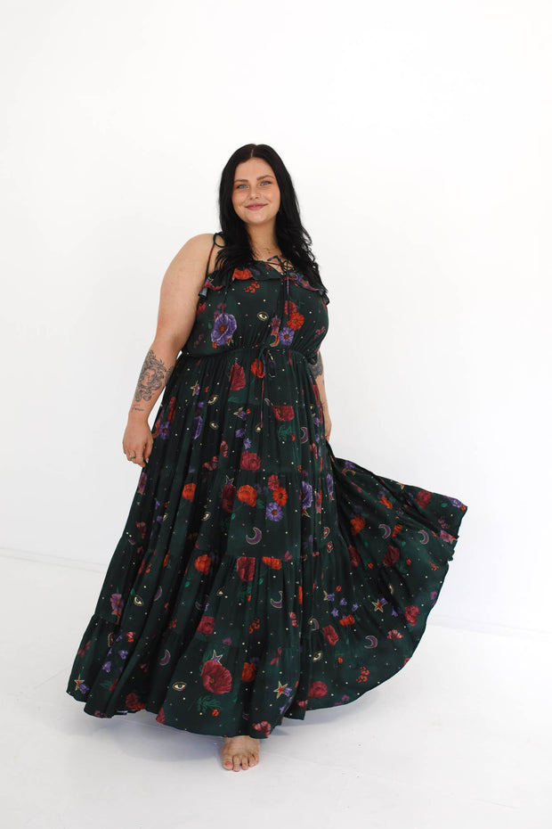 Midnight Botanica Strappy Gown - Emerald