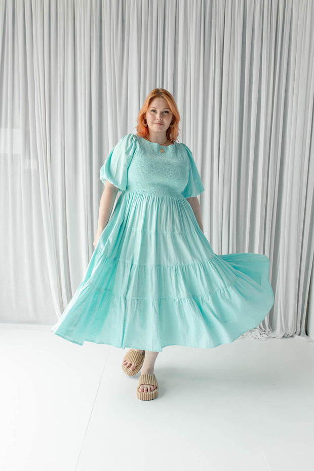 LINEN TIERED SHIRRED DRESS - ICE BLUE