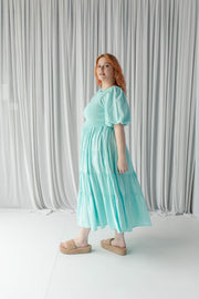 LINEN TIERED SHIRRED DRESS - ICE BLUE