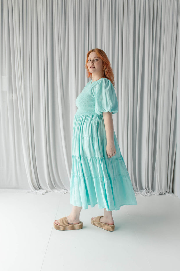 LINEN TIERED SHIRRED DRESS - ICE BLUE