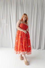 STRAPPY SHIRRED MIDI DRESS - VERMILION