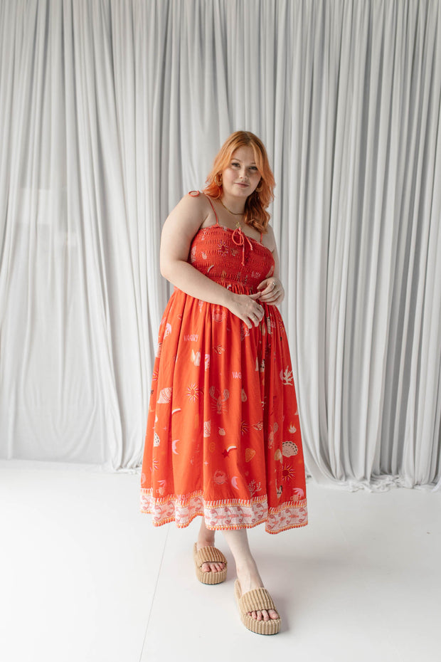 STRAPPY SHIRRED MIDI DRESS - VERMILION