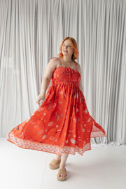 STRAPPY SHIRRED MIDI DRESS - VERMILION