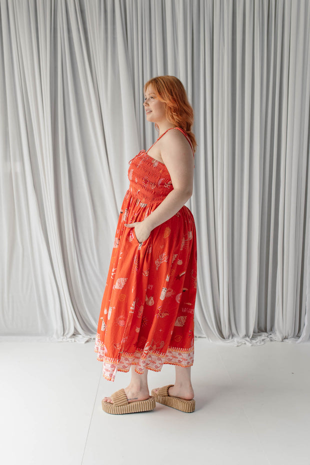 STRAPPY SHIRRED MIDI DRESS - VERMILION