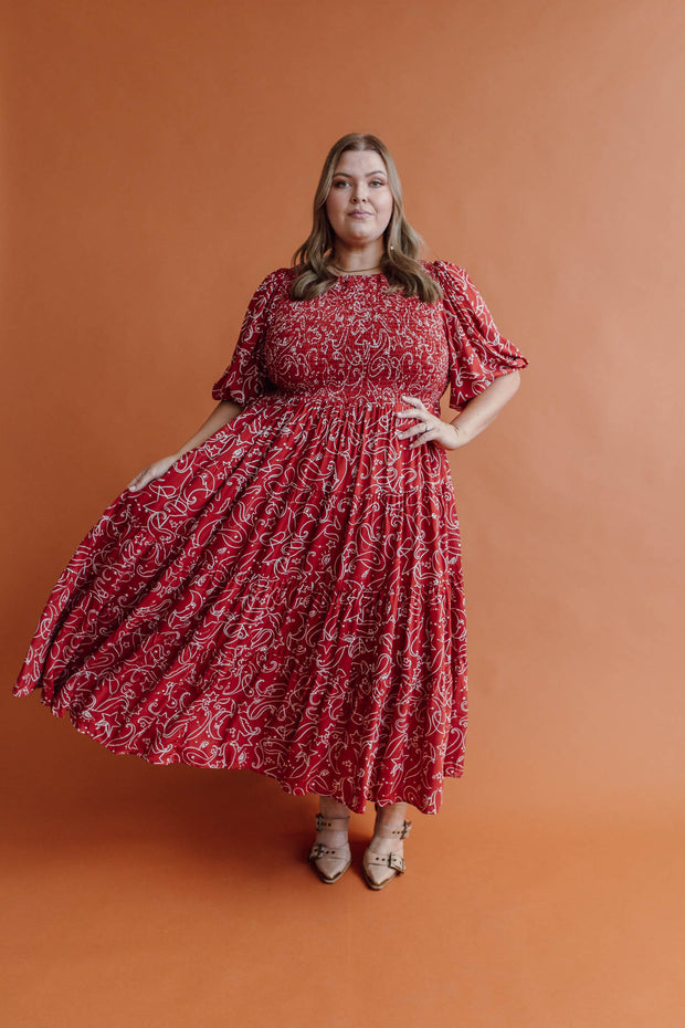 COSMOS TIERED SHIRRED DRESS - TERRACOTTA