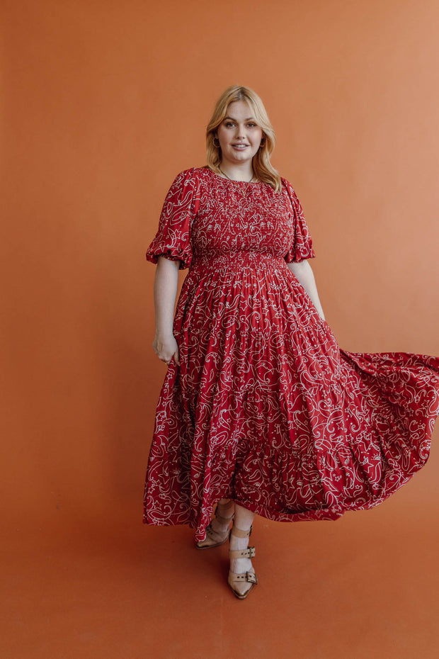 COSMOS TIERED SHIRRED DRESS - TERRACOTTA