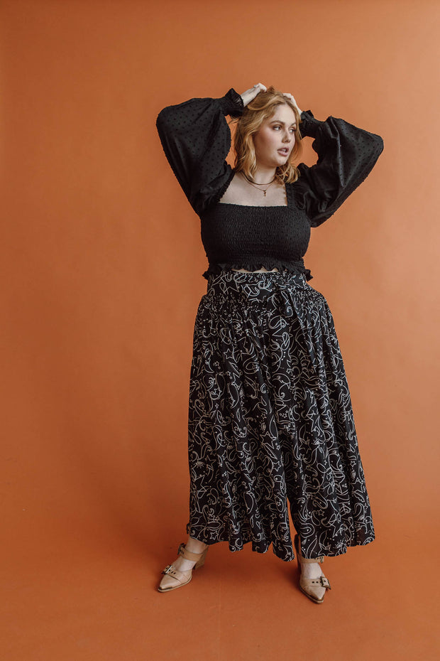 STELLAR LONG SLEEVE SHIRRED BLOUSE - BLACK