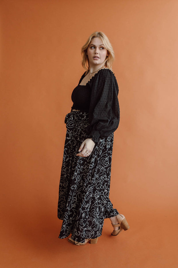 STELLAR LONG SLEEVE SHIRRED BLOUSE - BLACK