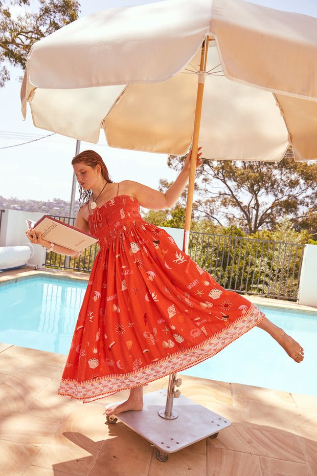 STRAPPY SHIRRED MIDI DRESS - VERMILION