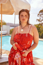 STRAPPY SHIRRED MIDI DRESS - VERMILION