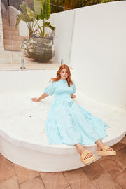 LINEN TIERED SHIRRED DRESS - ICE BLUE