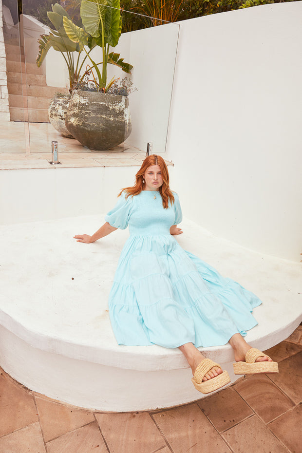 LINEN TIERED SHIRRED DRESS - ICE BLUE
