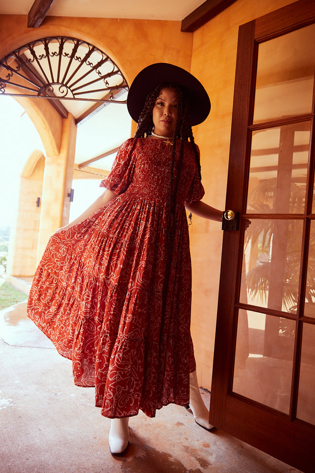 COSMOS TIERED SHIRRED DRESS - TERRACOTTA