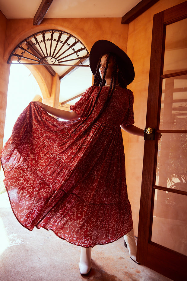COSMOS TIERED SHIRRED DRESS - TERRACOTTA