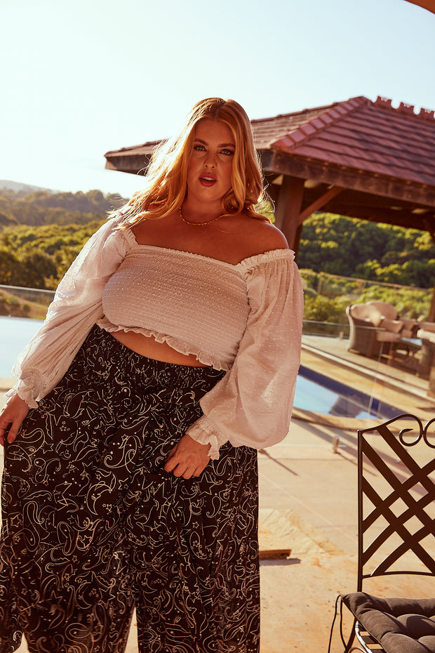 STELLAR LONG SLEEVE SHIRRED BLOUSE - WHITE