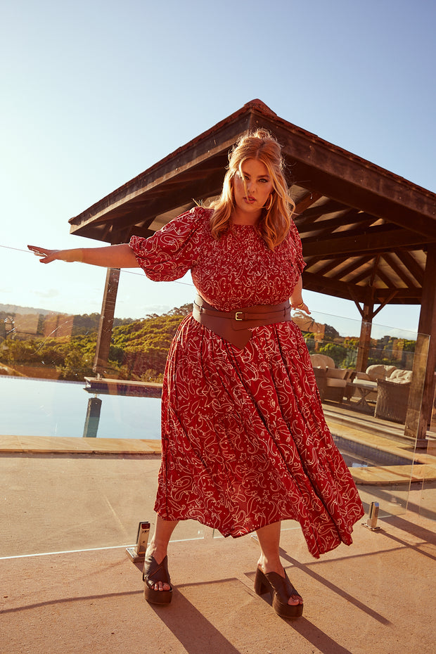 COSMOS TIERED SHIRRED DRESS - TERRACOTTA