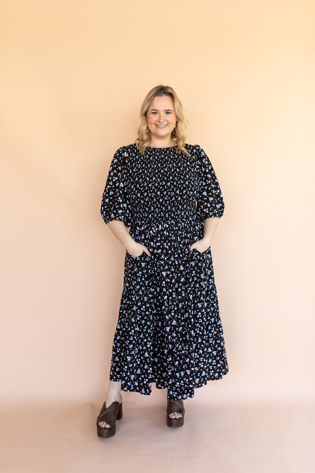 FLORES TIERED SHIRRED DRESS - BLACK