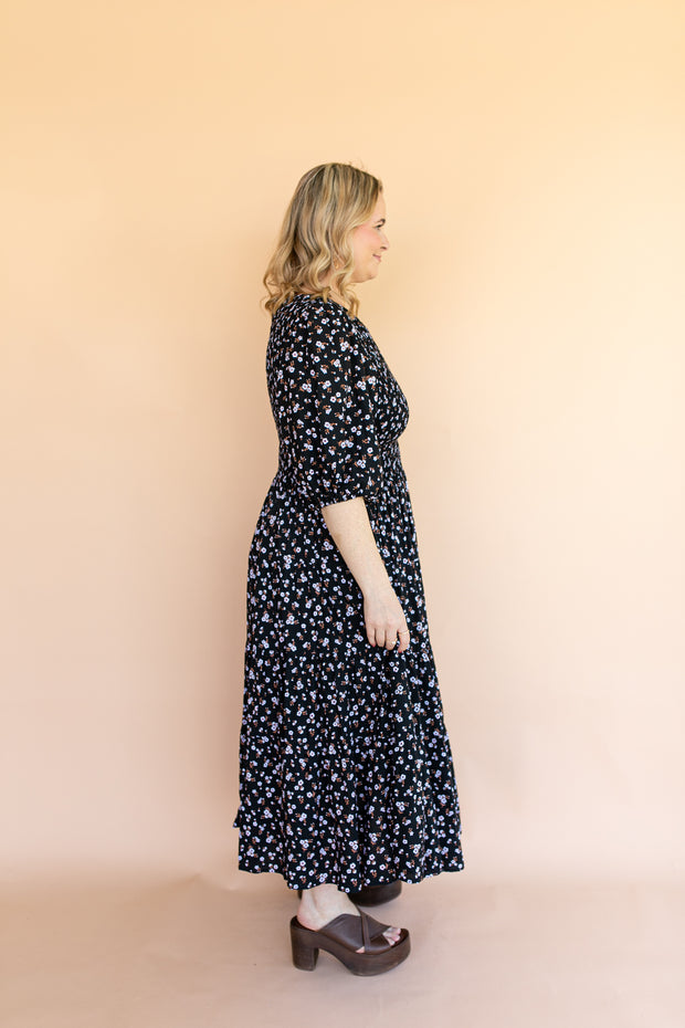 FLORES TIERED SHIRRED DRESS - BLACK