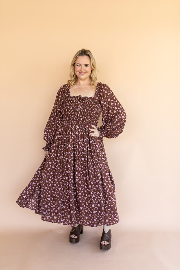 FLORES SHIRRED DRESS - COCOA