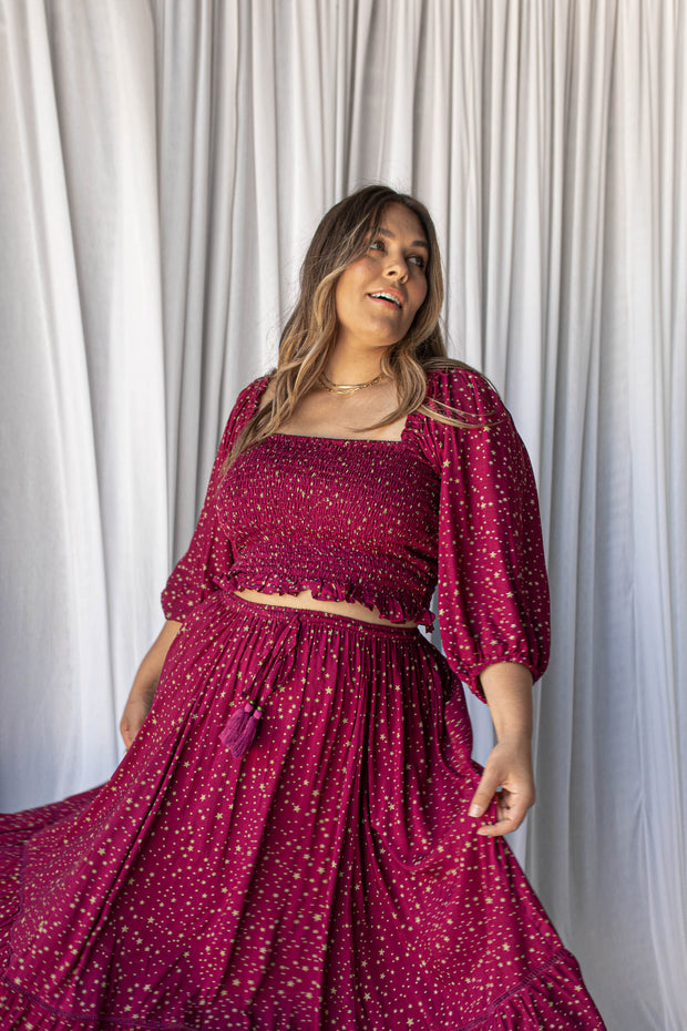 STARRY SHIRRED BLOUSE - RASPBERRY