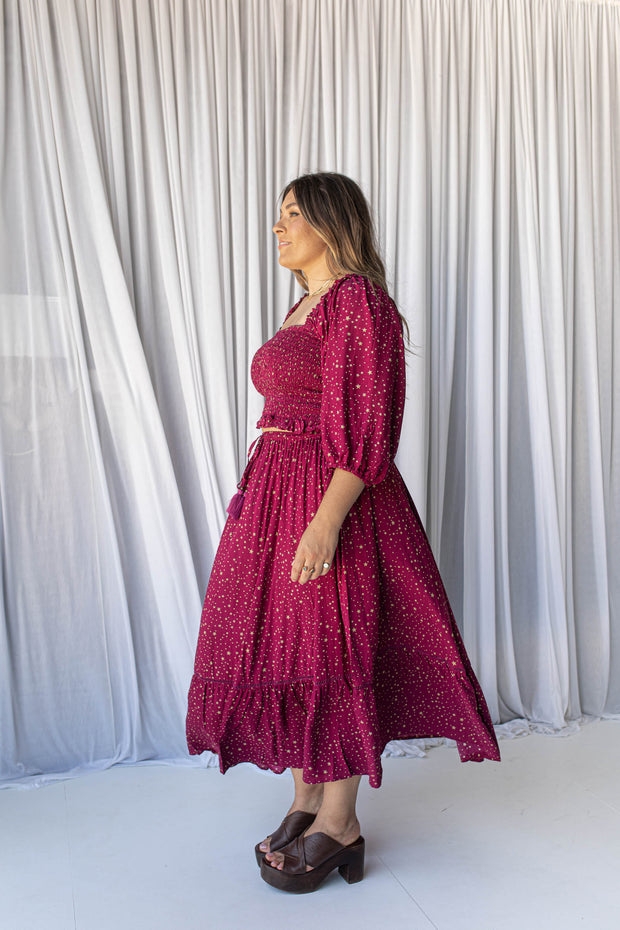 STARRY SHIRRED BLOUSE - RASPBERRY
