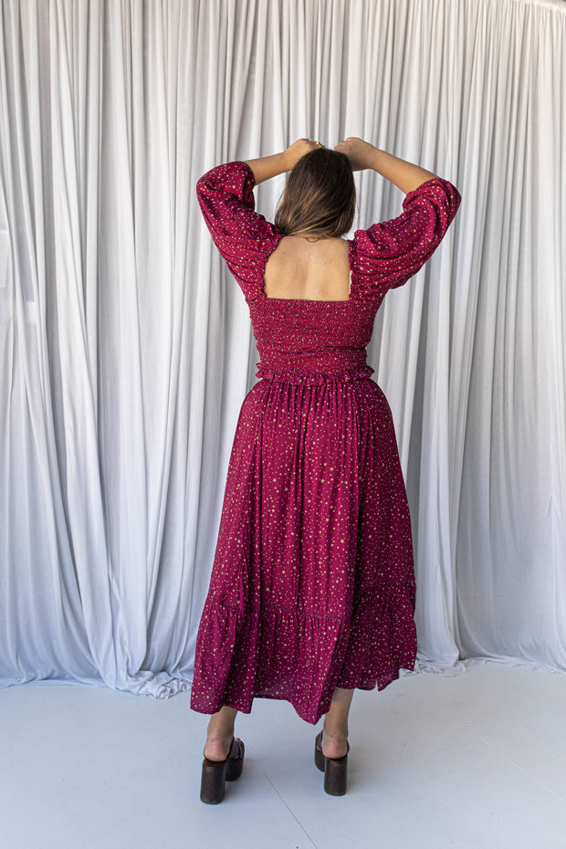 STARRY SHIRRED BLOUSE - RASPBERRY