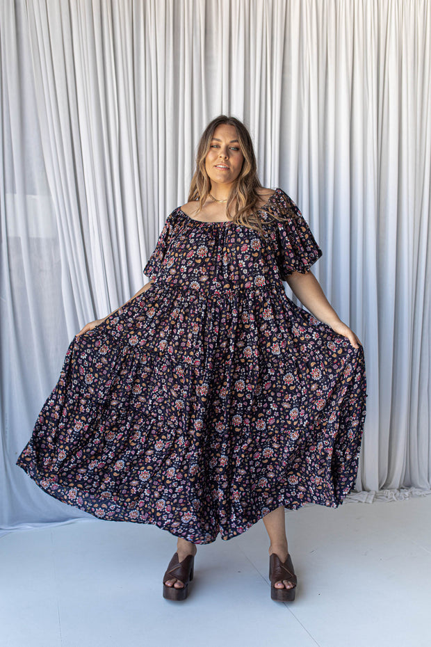BLOSSOM TIERED GOWN - NAVY